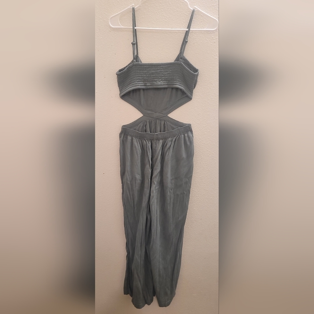 Aerie Boho Olive Green Cut Out Wide Leg Jumpsuit Smocked XS - Picture 5 of 6